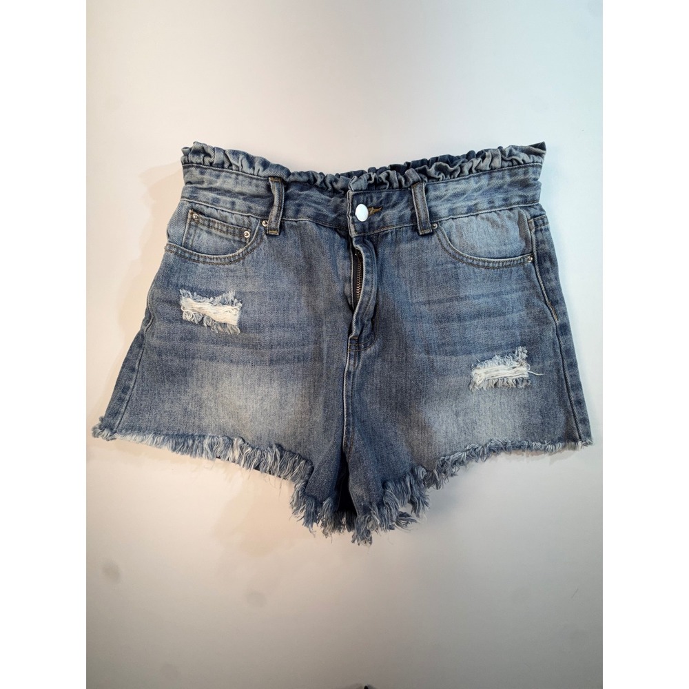 Hayden Los Angeles Paperbag Waist Distressed Denim Shorts Medium Wash Large